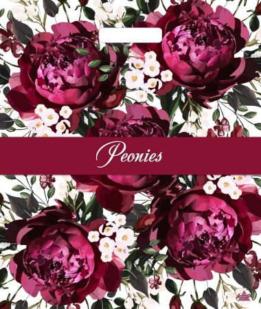 Пакет вырубная ручка 450х380х0,060 Бордовые пионы ПВД /50/500