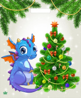 Пакет вырубная ручка 450х380х0,060 ламин Дракоша у елки/50/500