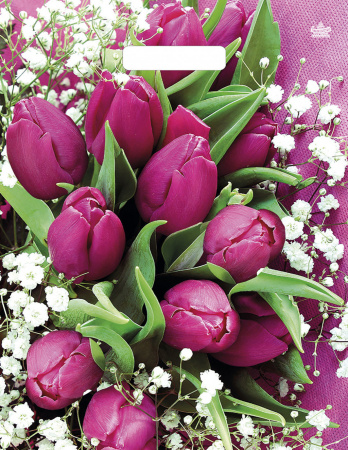 Пакет вырубная ручка 400х310х0,060 ламин Розовые тюльпаны /50/500