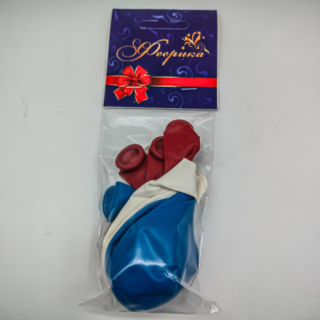 Шары цветные ТРИКОЛОР (красный,синий,белый) латекс 25см, 9шт в пакете