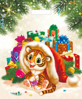 Пакет вырубная ручка 450х380х0,060 ламин Тигр с подарками /50/500