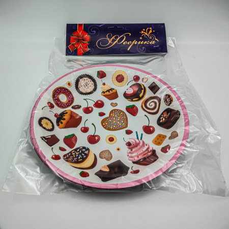 Тарелки бумажные Пирожные  d=23см (6шт в упаковке) ФЕЕРИКА